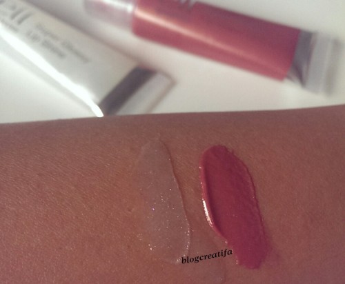 Super Glossy Lip Gloss, swiped - Left: Angel, and Right: Mauve Luxe. 